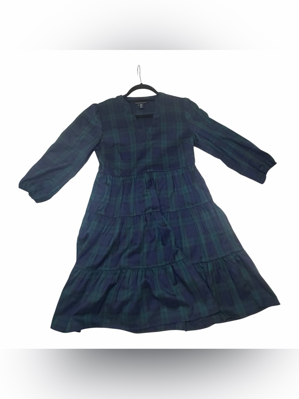 Cynthia Rowley long sleeve Tiered Plaid Dress in Dark Green and Navy size XS
